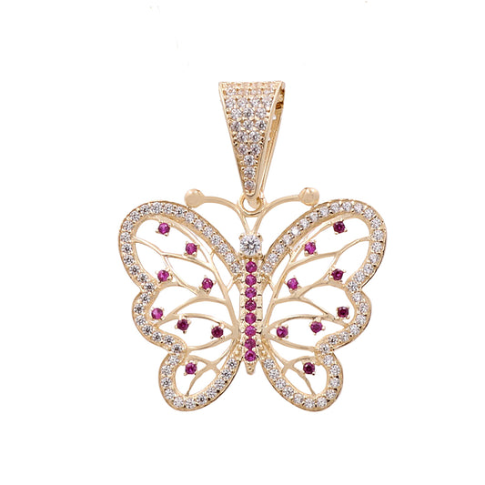 14K Yellow Gold Butterfly Pendant with Color Stones and Cubic Zirconias