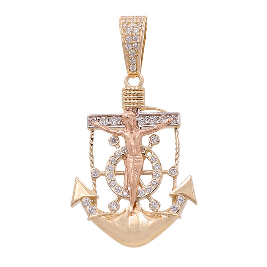 14K Yellow and Rose Gold Jesus on Anchor Pendant with Cubic Zirconias