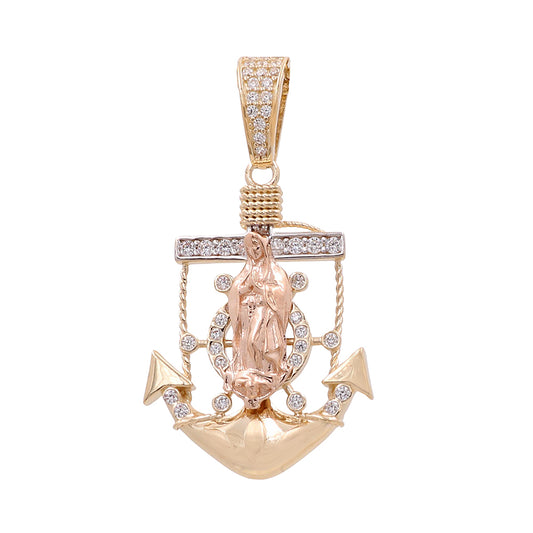 14K Yellow and Rose  Gold Mary on Anchor Pendant with Cubic Zirconias