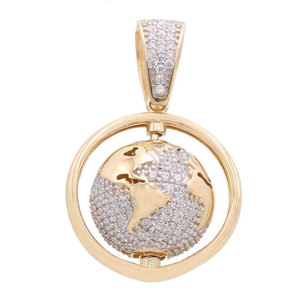 14K Yellow Gold Round World Globe Pendant with Cubic Zirconias