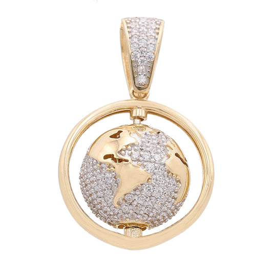 14K Yellow Gold Round World Globe Pendant with Cubic Zirconias