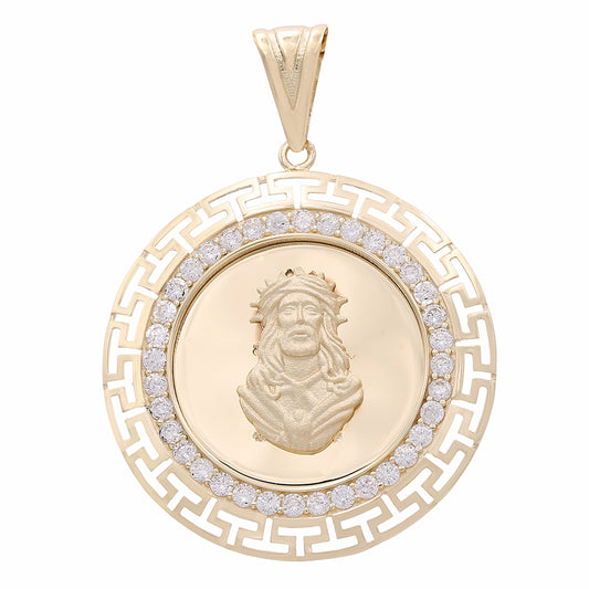 14K Yellow Gold Jesus Torso Round Pendant with Cubic Zirconias