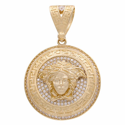 14K Yellow Gold Round Medusa Head Greek Design Pendant