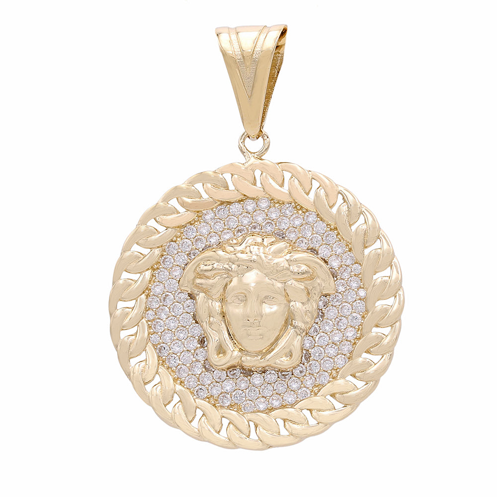 14K Yellow Gold Round Medusa Head Pendant with Cubic Zirconias