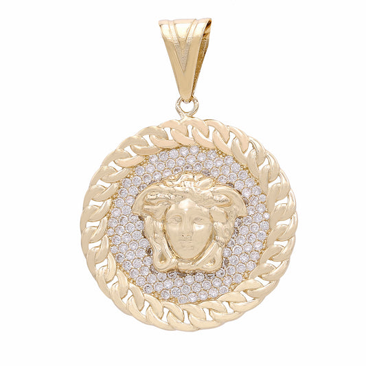 14K Yellow Gold Round Medusa Head Pendant with Cubic Zirconias