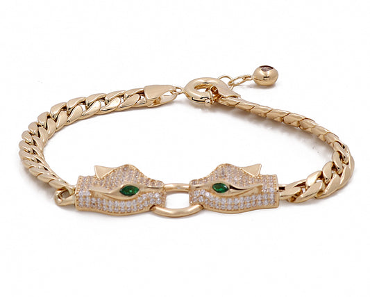 14K Yellow Gold Women's Fashion Dragon Heads with Cubic Zirconias Bracelet