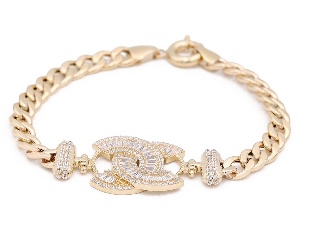 14K Yellow Gold Fashion Logo Bracelet with Cubic Zirconias