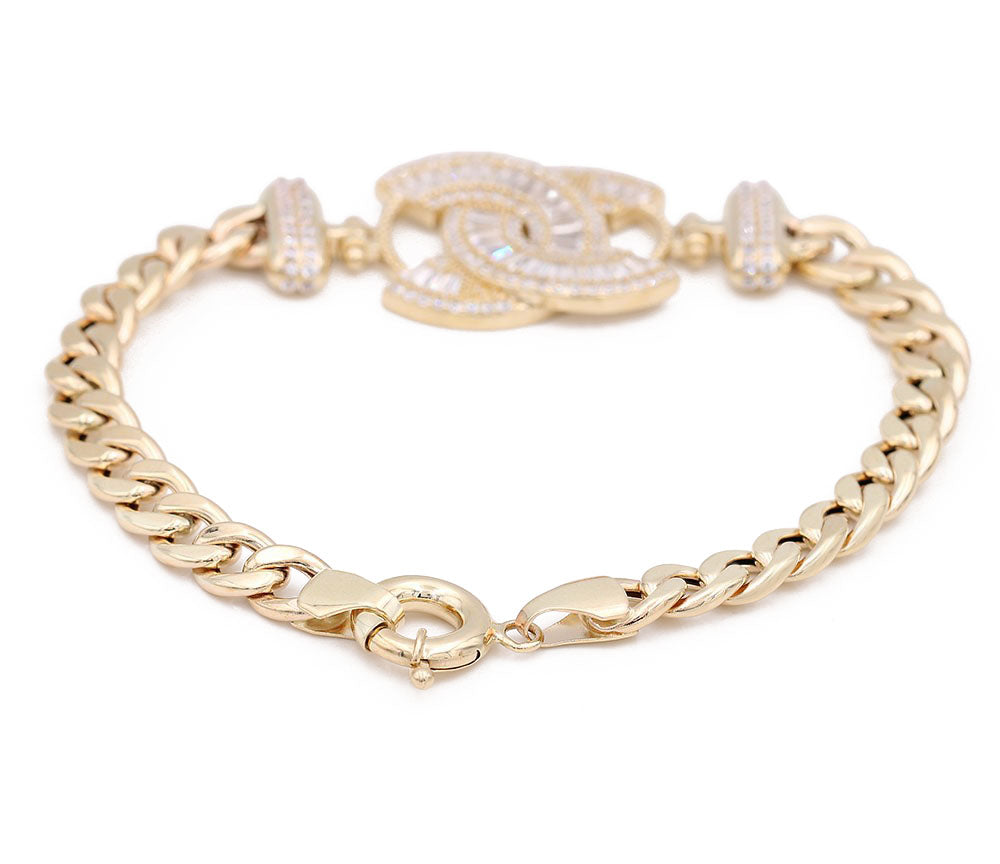 14K Yellow Gold Fashion Logo Bracelet with Cubic Zirconias