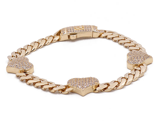 14K Yellow Gold Fashion Cuban Links and Hearts Bracelet with Cubic Zirconias
