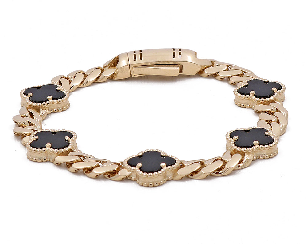 14K Yellow Gold Women's Fashion Onyx Flowers and Cuban Link Bracelet