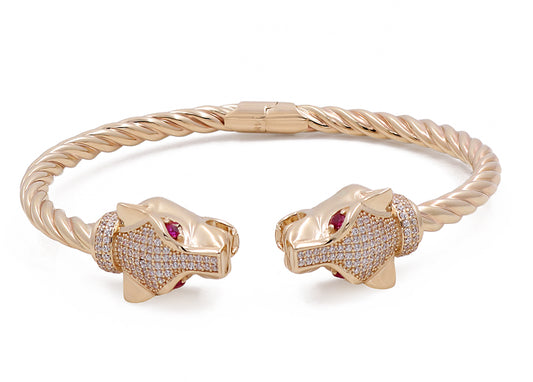 14K Yellow Gold Fashion Panther Heads with Stones and Cubic Zirconias Bracelet