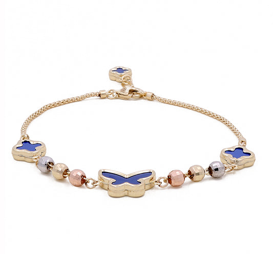 14K TriColor Gold Women's Fashion Butterfly Blue Stones Bracelet