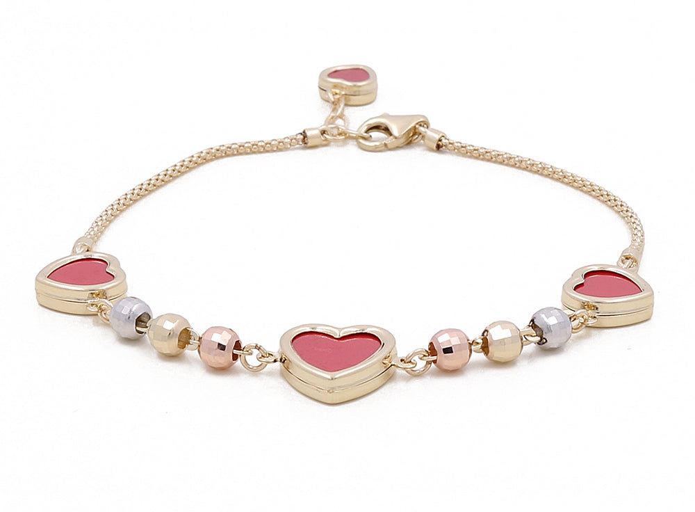 14K TriColor Gold Women's Fashion Heart Coral Stones Bracelet