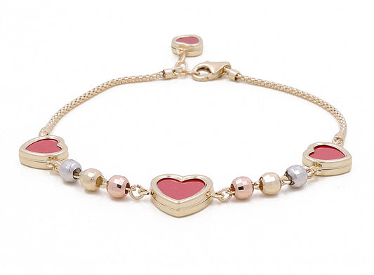 14K TriColor Gold Women's Fashion Heart Coral Stones Bracelet