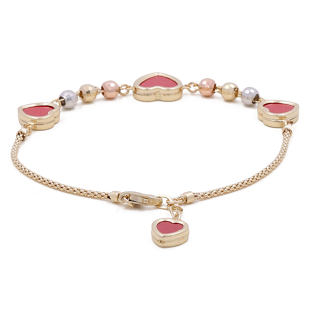 14K TriColor Gold Women's Fashion Heart Coral Stones Bracelet