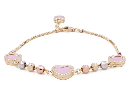14K TriColor Gold Women's Fashion Heart Pink Stones Bracelet