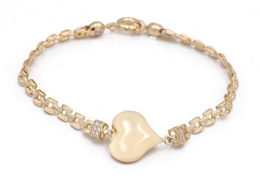 14K Yellow Gold Fashion Heart Bracelet with Cubic Zirconias