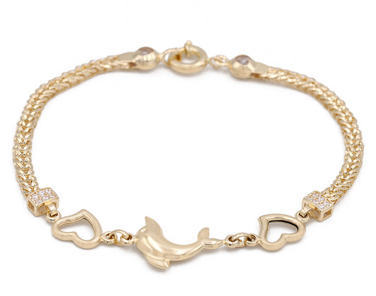 14K Yellow Gold Fashion Hearts and Dolphins Bracelet with Cubic Zirconias