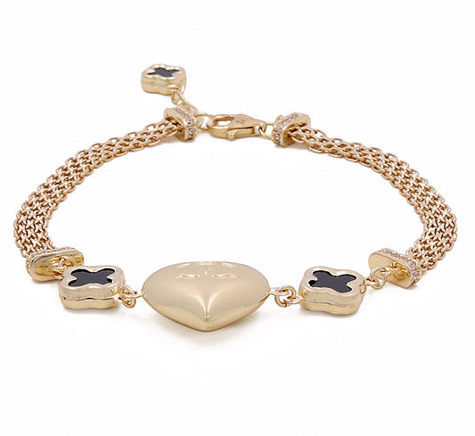 14K Yellow Gold Women's Fashion Heart Onyx Stones Bracelet