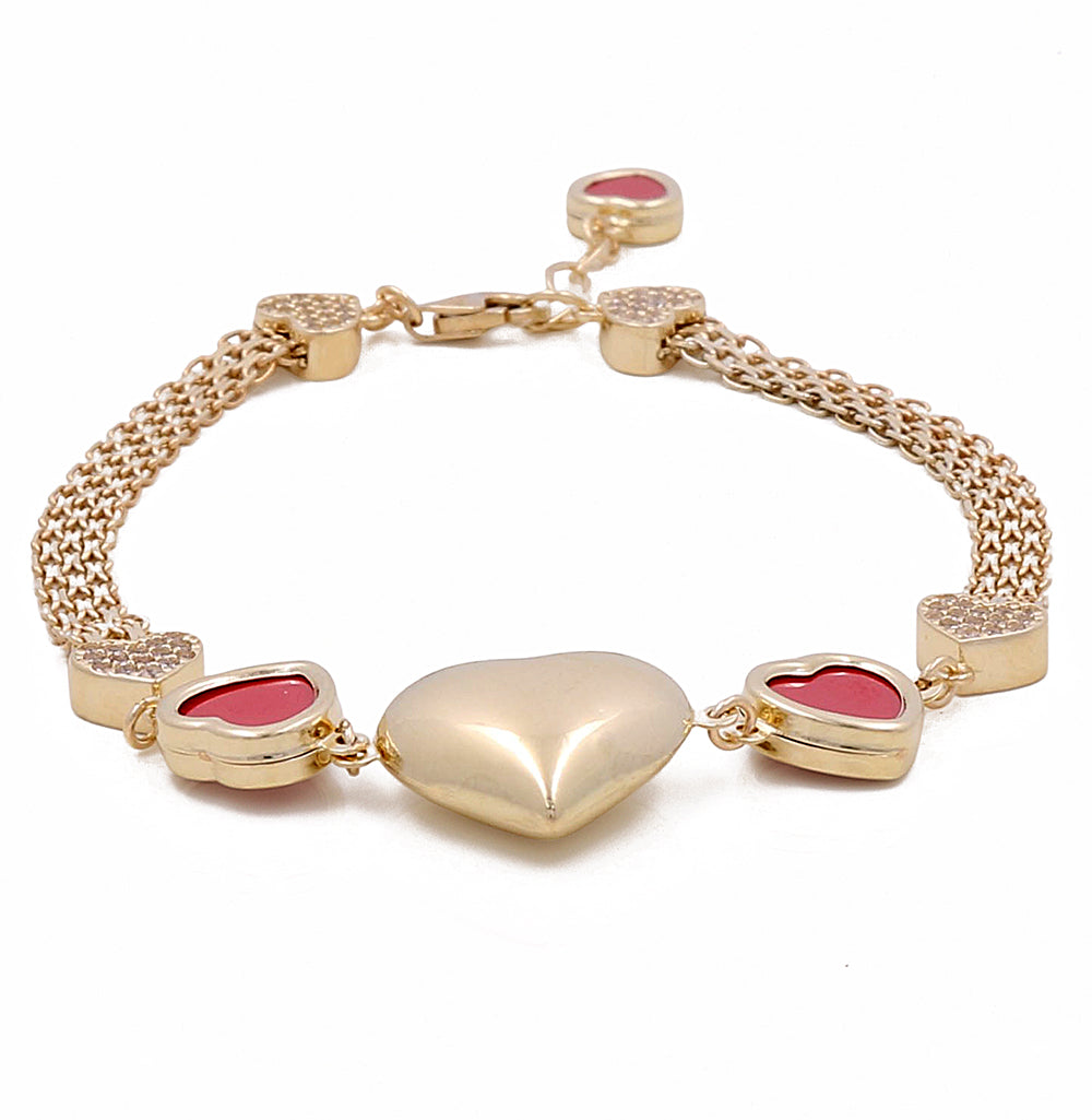 14K Yellow Gold Women's Fashion Heart Color Stones Bracelet