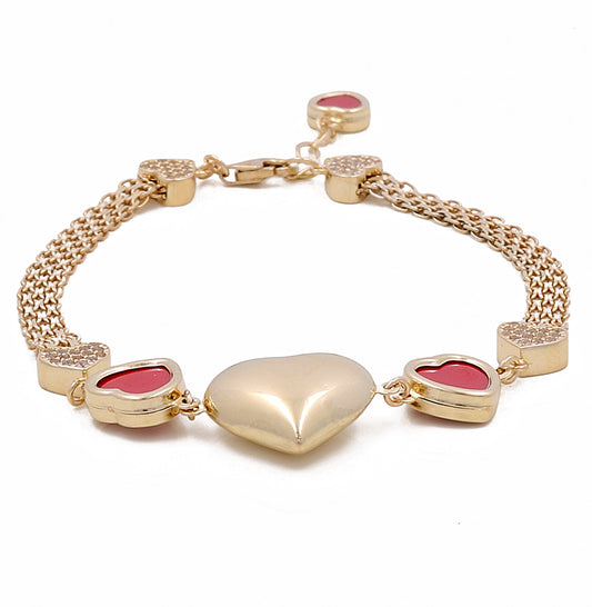 14K Yellow Gold Women's Fashion Heart Color Stones Bracelet