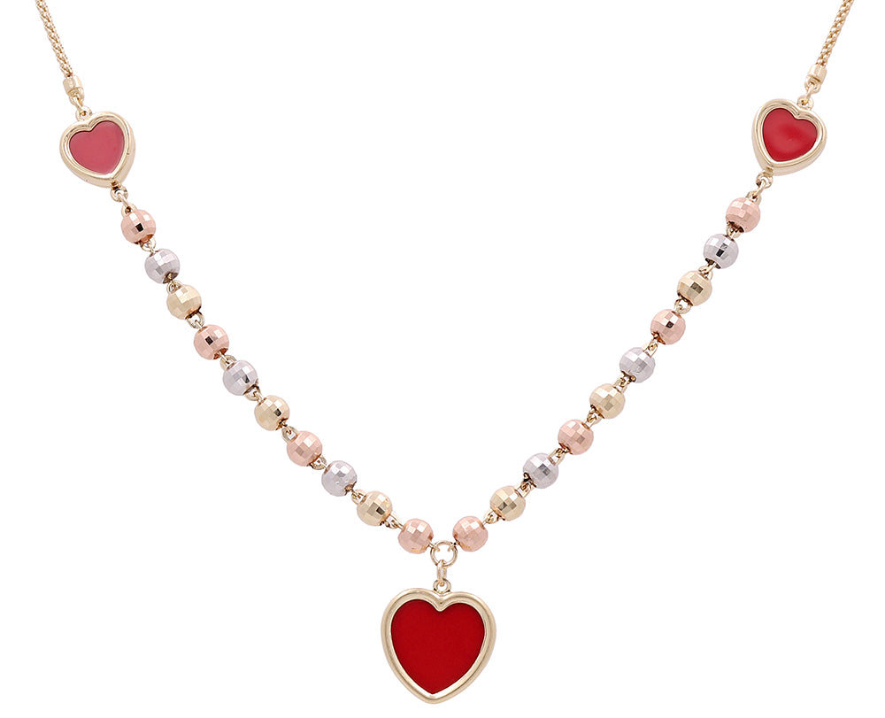 14K TriColor Gold Red Stone Heart Necklace