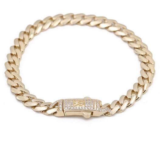 14K Yellow Gold Fashion Monaco Link Bracelet with Cubic Zirconias
