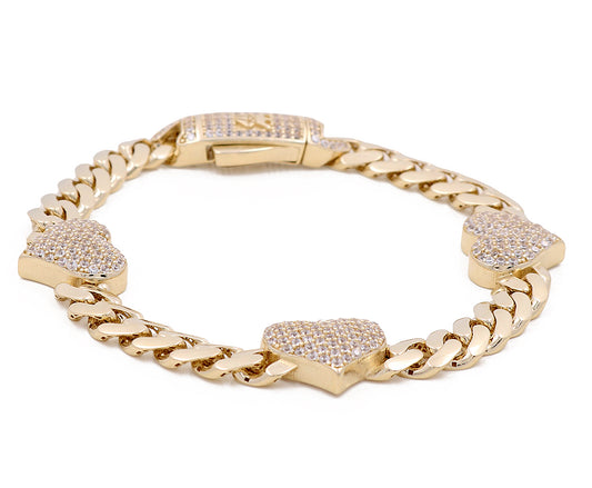 10K Yellow Gold Women's Hearts Bracelet with Cubic Zirconias