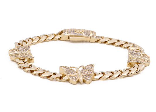 14K Yellow Gold Women's Butterflies Bracelet with Cubic Zirconias