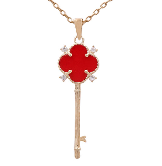 14K Yellow Gold Key with Red Stone Necklace