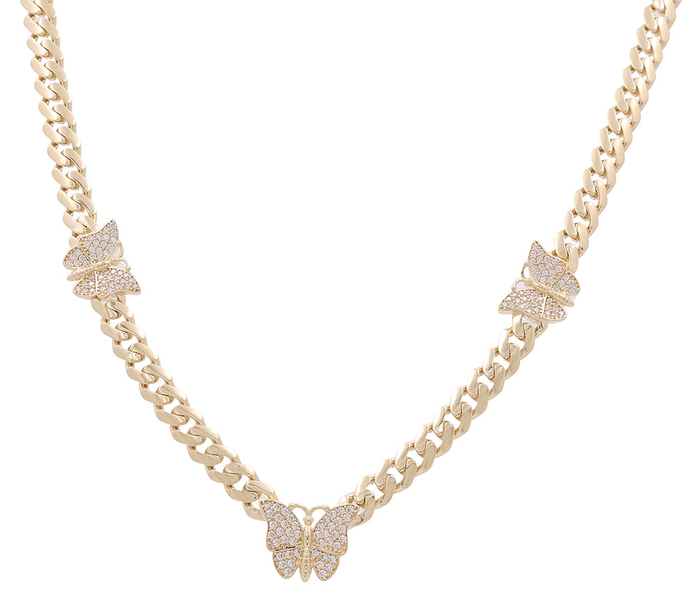 10K Yellow Gold Butterflies Pendant Necklace with Cubic Zirconias