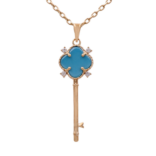 14K Yellow Gold Key with Blue Stones Necklace