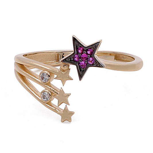 14K Yellow Gold Women's Fashion Flying Stars Ring with Color Stones and Cubic Zirconias