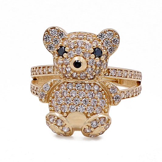 14K Yellow Gold Women's Teddy Bear Ring with Color Stones and Cubic Zirconias