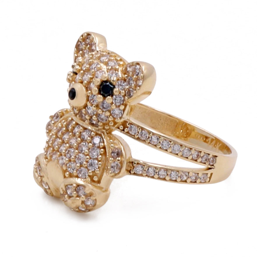 14K Yellow Gold Women's Teddy Bear Ring with Color Stones and Cubic Zirconias