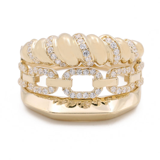 14K Yellow Gold Fashion Link Design Ring with Cubic Zirconias