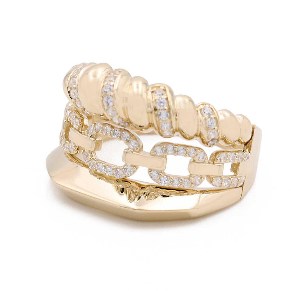 14K Yellow Gold Fashion Link Design Ring with Cubic Zirconias