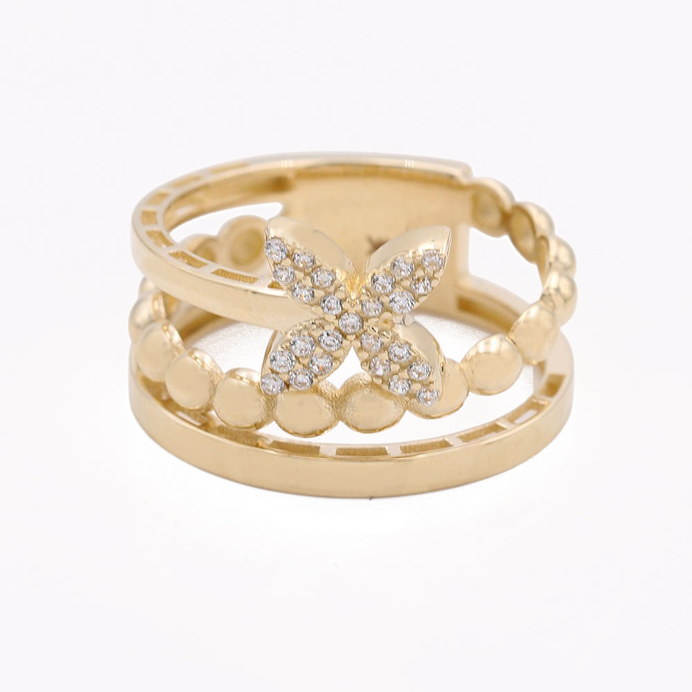 14K Yellow Gold Fashion Center Flower Design Ring with Cubic Zirconias