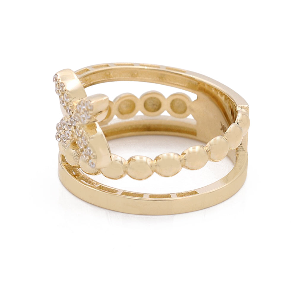 14K Yellow Gold Fashion Center Flower Design Ring with Cubic Zirconias