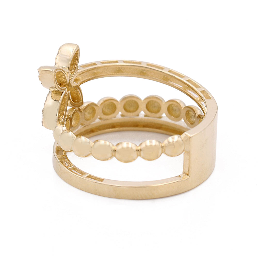 14K Yellow Gold Fashion Center Flower Design Ring with Cubic Zirconias