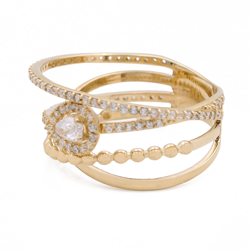 14K Yellow Gold Fashion Center Teardrop Design Ring with Cubic Zirconias