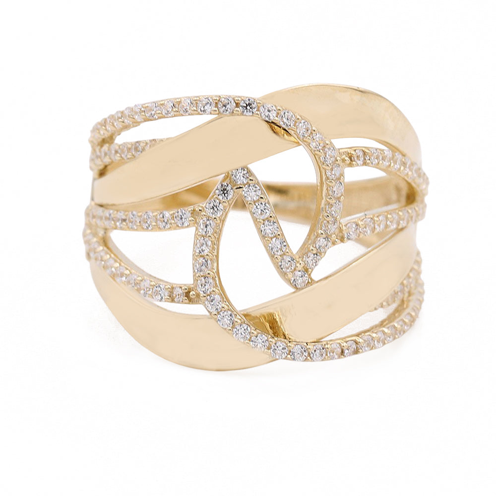 14K Yellow Gold Fashion Interlaced Design Ring with Cubic Zirconias