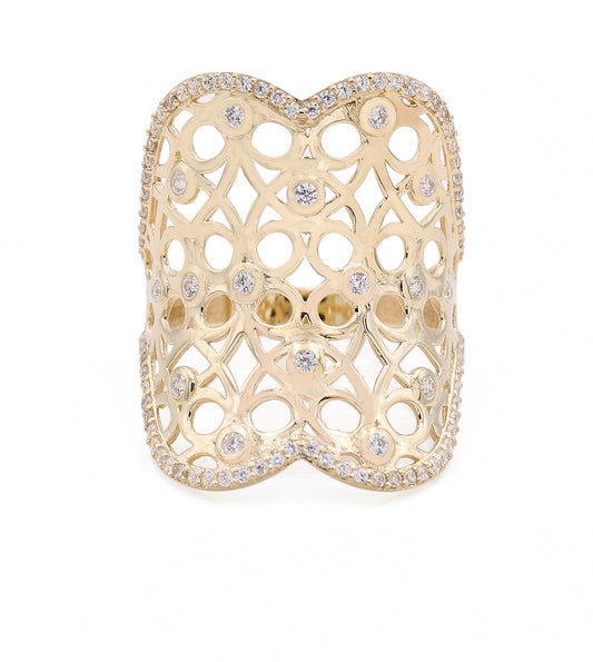 14K Yellow Gold Fashion Arabesque Design Ring with Cubic Zirconias