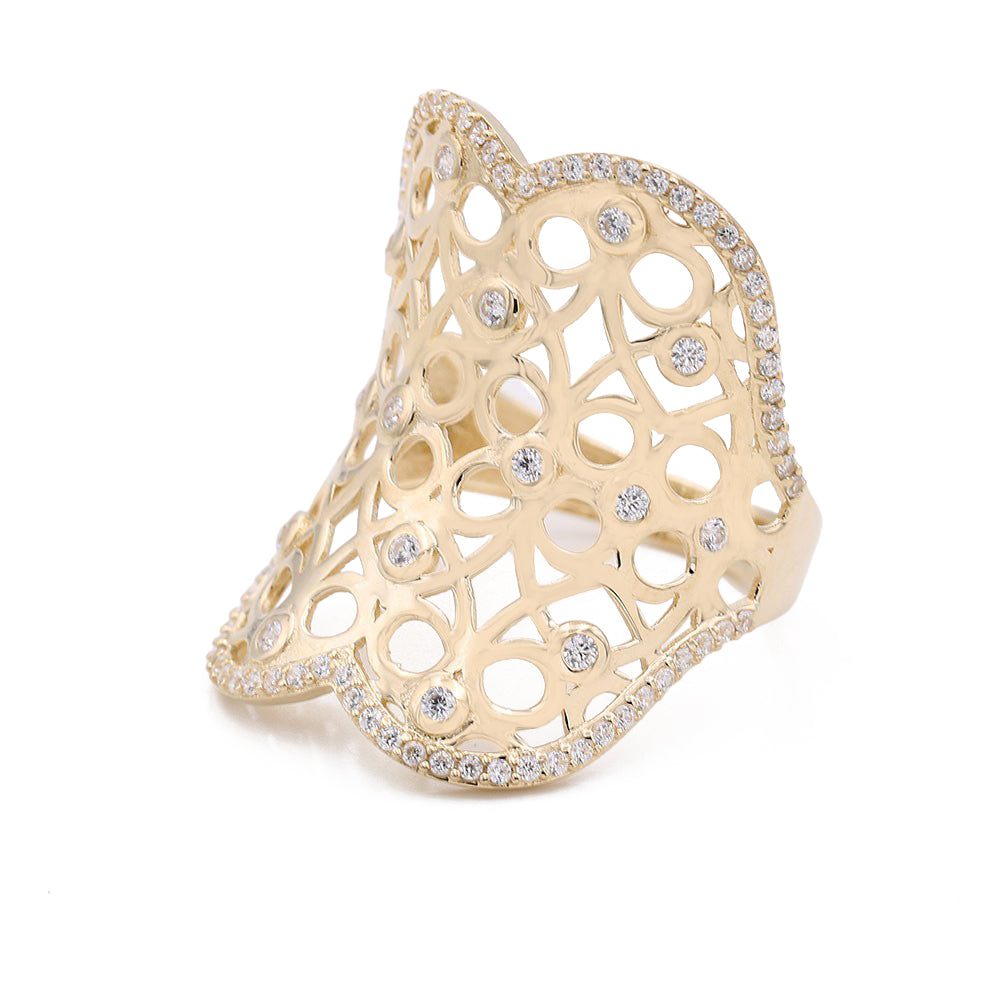 14K Yellow Gold Fashion Arabesque Design Ring with Cubic Zirconias