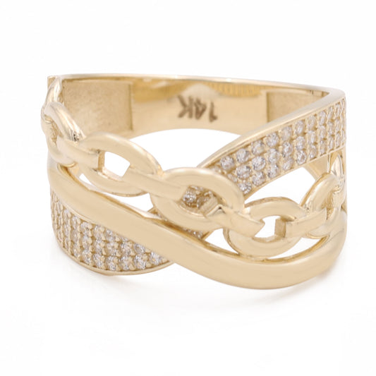 14K Yellow Gold Fashion Link Design Ring with Cubic Zirconias