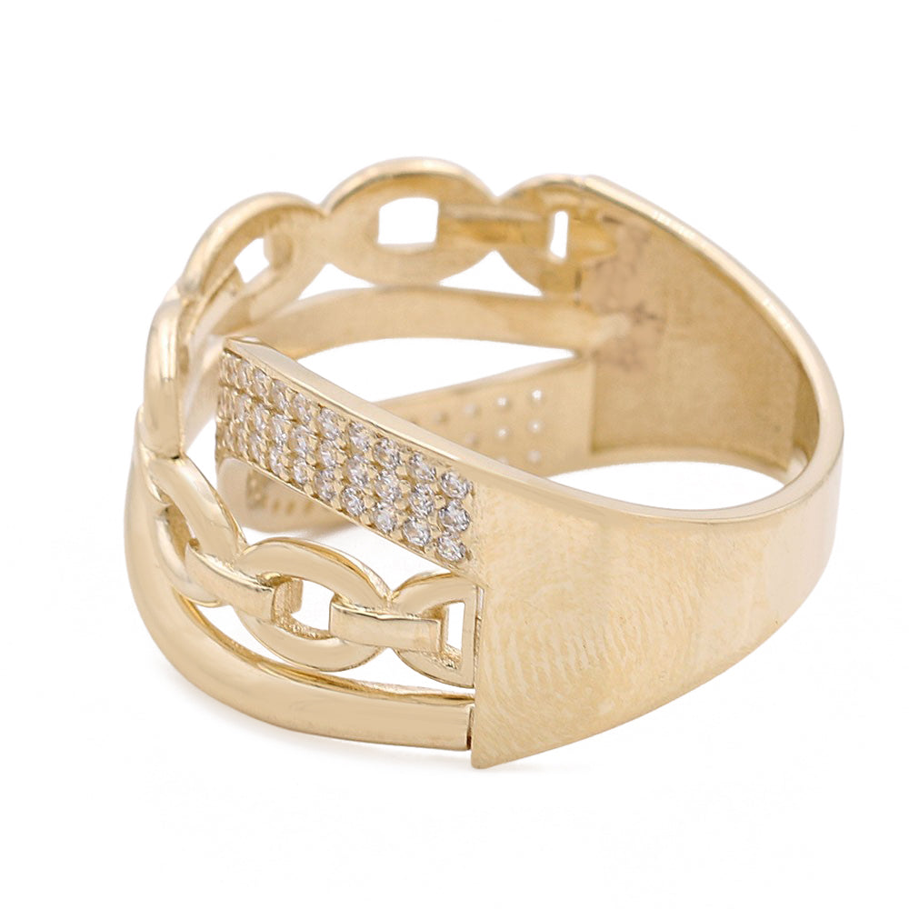 14K Yellow Gold Fashion Link Design Ring with Cubic Zirconias