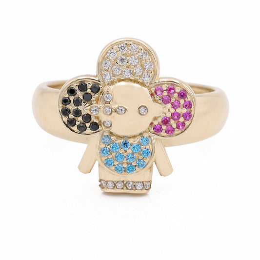 14K Yellow Gold Fashion Flower Shape Ring with Color Stones