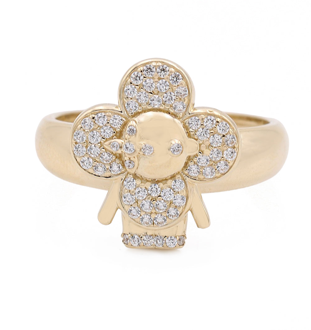 14K Yellow Gold Fashion Flower Shape Ring with Cubic Zirconias