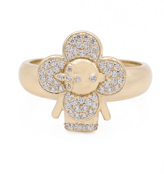 14K Yellow Gold Fashion Flower Shape Ring with Cubic Zirconias