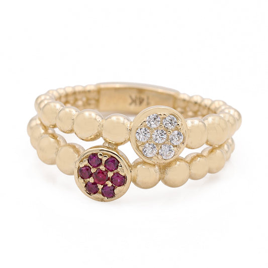 14K Yellow Gold Fashion Beads Shape Ring with Color Stones
